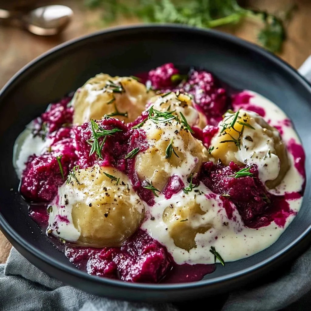 Brezelknödel mit fruchtlichem Rotkohl und Rinderbauchspeck-Cremesauce