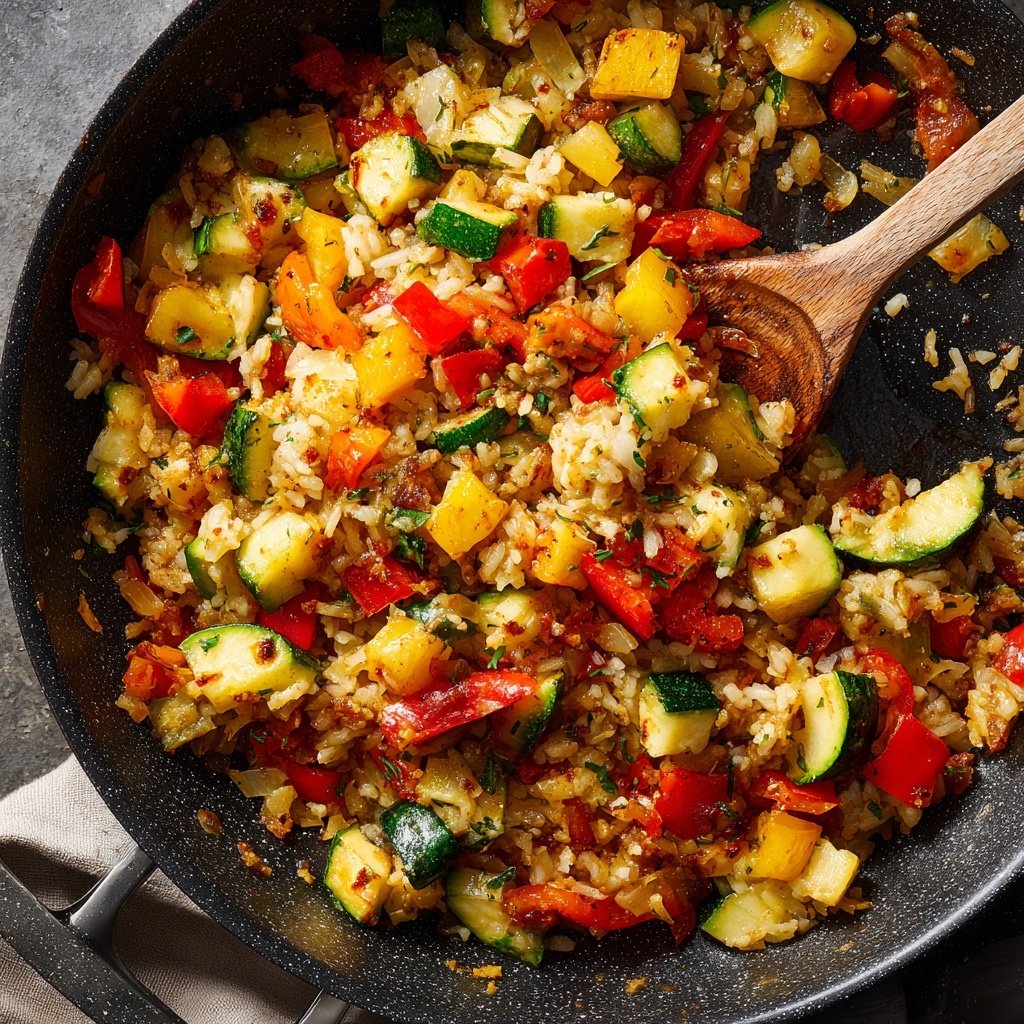 Mittagessen mit Gemüsepfanne und Reis
