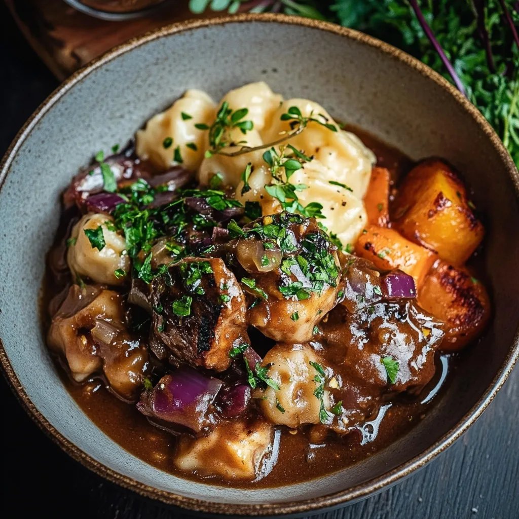 Herzhaftes Pilz-Maronen Ragout mit Ofenknödeln und Rotkraut